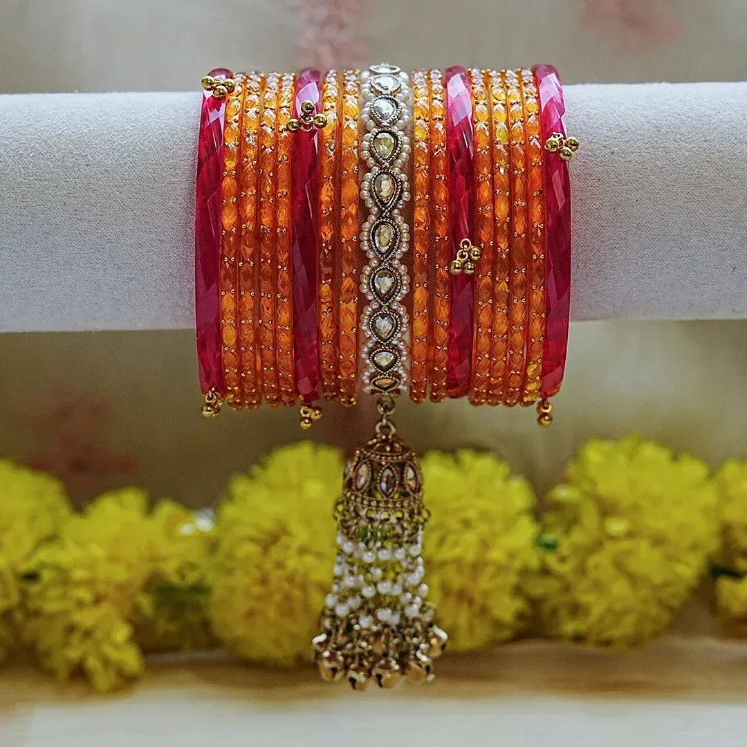 Traditional Glass Bangles Set for Women (Both Hand) - The Golden Cascade